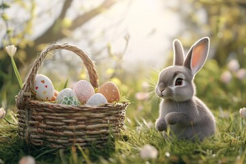 Two adorable rabbits sit next to a basket filled with colorful eggs in a sunny meadow during springtime easter