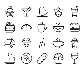 Food and drink related Minimalist Black Line icons set isolated on white background