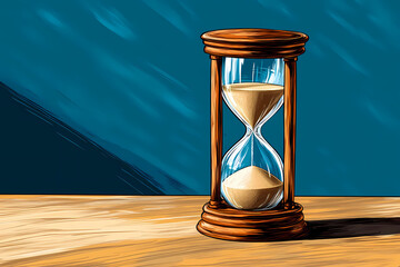 An antique hourglass with sand on a black table, illustration. 