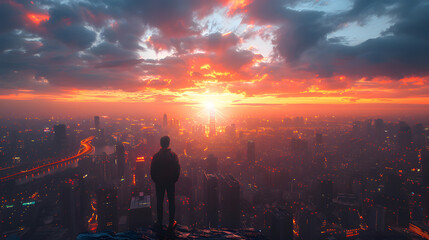 Person standing on a ledge, watching a vibrant sunset over a sprawling city illuminated by lights