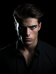 Obraz premium Young male model with a serious expression, dramatic lighting, indoor setting, dark shadows, monochromatic color palette, sharp focus on face and details, intense mood.