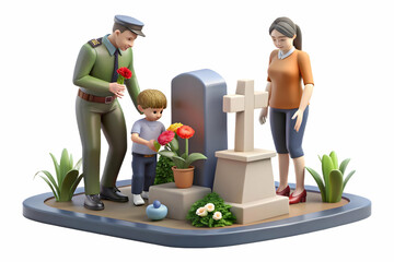 Candid Photo of Family Paying Tribute at Military Grave with Flowers on Hari Pahlawan - Solemn Remembrance Scene in Quiet Cemetery