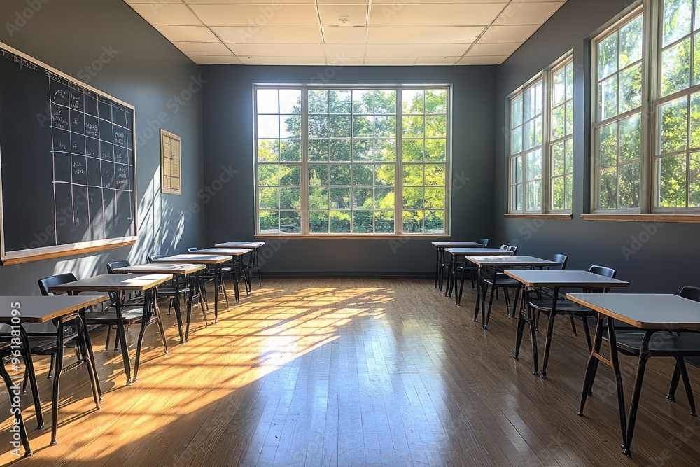 Poster empty classroom with sunlight streaming through windows