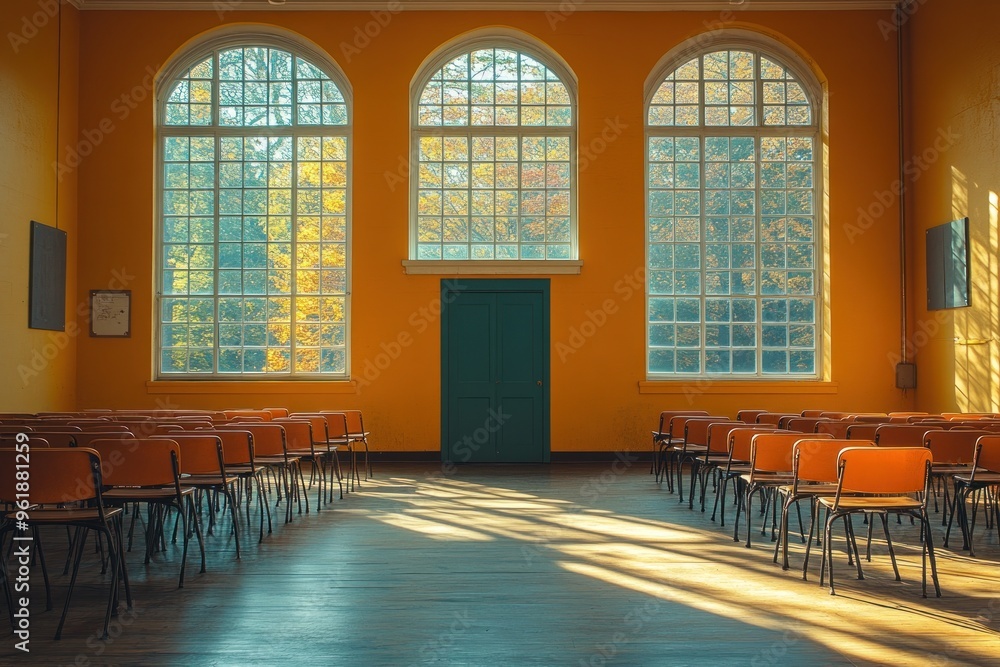 Poster empty classroom with sunlight streaming through windows