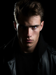 Obraz premium Young male model with a serious expression, dramatic lighting, indoor setting, dark shadows, monochromatic color palette, sharp focus on face and details, intense mood.