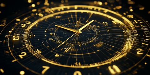 Gold clock face with intricate markings.
