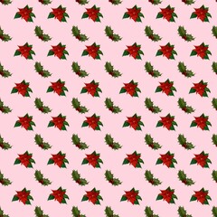Pattern with holly and Christmas poinsettia on pink background 