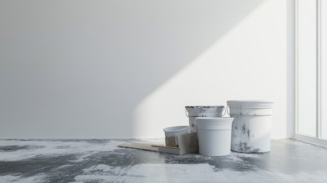 construction site of home renovation with paint and primer jerry buckets on white floor