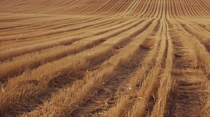 Acres of golden stubble fields with deep, symmetrical tracks running infinitely into the distance, epitomizing the vastness and richness of agriculture.