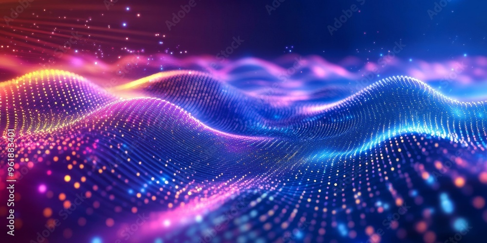 Poster wavy pattern of glowing dots and lines.