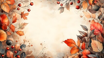 A soft autumn watercolor frame with hand-painted leaves, acorns, and berries, creating a cozy fall design.