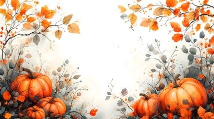 Naklejka premium Watercolor autumn frame featuring hand-painted golden leaves, branches, and pumpkins, ideal for seasonal greeting cards.