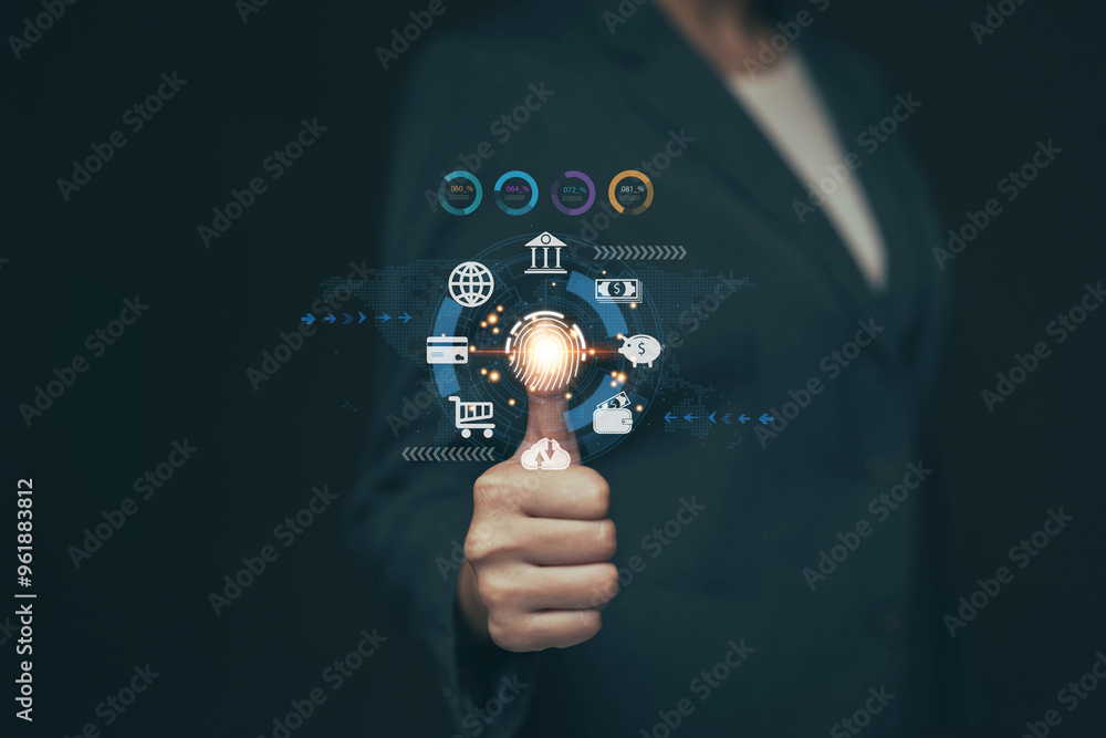 Poster businessman scanning fingerprint on virtual screen to access financial and other sensitive informati