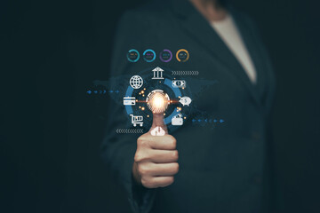 Businessman scanning fingerprint on virtual screen to access financial and other sensitive information. Cyber ​​security concept....