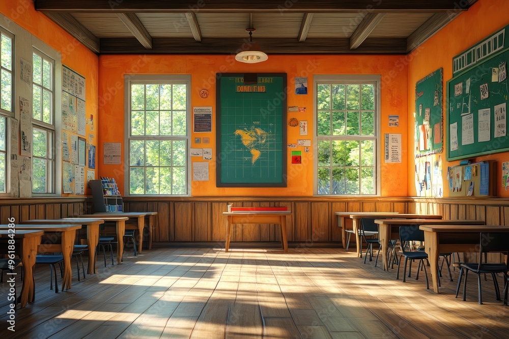 Poster empty classroom with sunlight streaming through windows