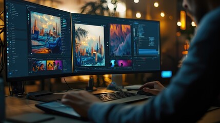 Naklejka premium Video editor editing photos and videos on his computer at night in his office