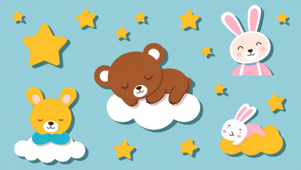 Little cartoon bear sleeping on a cloud, flat design illustration