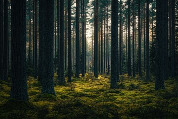 Fototapeta premium Sunlight Filtering Through Dense Pine Forest