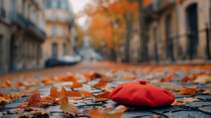 A vibrant red beret rests on a cobblestone street filled with autumn leaves, creating a charming urban fall setting.
