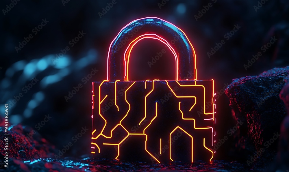 Poster neon glowing padlock with circuitry design on a dark background