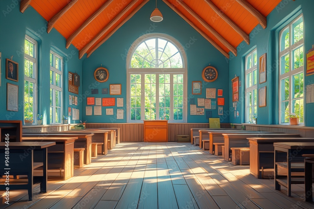 Poster empty classroom with sunlight streaming through the windows