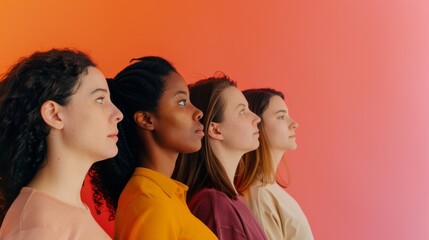 Obraz premium Four women of diverse backgrounds stand in profile against a vibrant gradient backdrop, symbolizing unity and diversity.