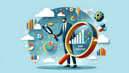 Obraz premium Dynamic Flat Vector Illustration of Floating Graph and Magnifying Glass for Market Analysis | Insightful Financial Tools Design