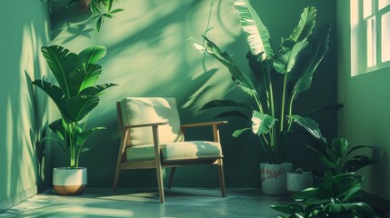 A cozy, sunlight-filled green corner with a cushioned chair and numerous lush potted plants creates a serene indoor oasis.
