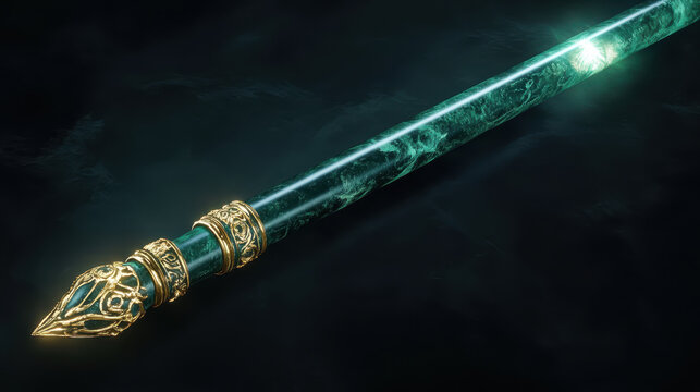 A mystical jade staff with golden engravings radiating an enchanting glow.
