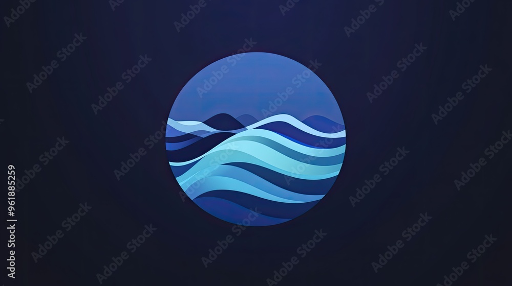 Poster circular sea icon with a stylized wave pattern inside, framed by a thin line. the design is modern a