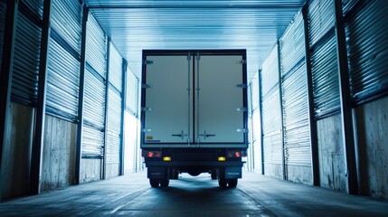 White delivery truck reversing in loading dock at night