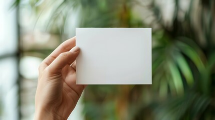 Close-up of young woman holding a white empty paper mockup with copy space.