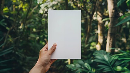 Close-up of young woman holding a white empty paper mockup with copy space.