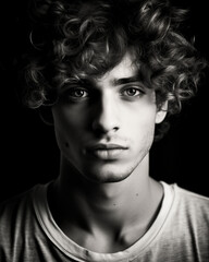 Fototapeta premium Young male model with curly hair, black and white portrait, dramatic side lighting, high contrast, close-up of face, intense expression, focus on eyes and texture, blurred background.
