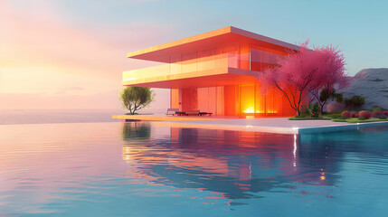 Modern House with Swimming Pool at Sunset Illustration