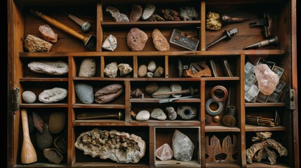 A wooden drawer divided into compartments housing an eclectic collection of rocks, fossils, and natural artifacts, evoking curiosity and exploration.