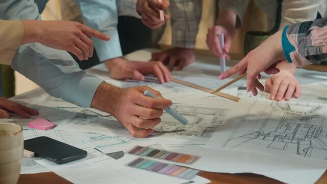 Office team multi ethnic designers male female group coworkers architects engineers constructors business men women discussing building plan construction blueprint chart architecture project on table