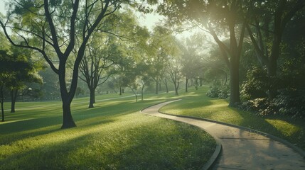 Obraz premium A serene pathway meanders through a park filled with verdant trees, bathed in soft sunlight in the early morning.