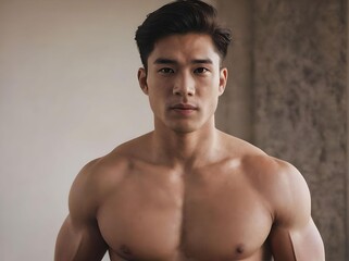 Fototapeta premium Hot Shirtless Muscular and Handsome Asian Man Looking at Camera Portrait in The Room Concept