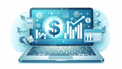 Flat Glossy Laptop with Holographic Wine Glass - Clean Vector Illustration for Smart Business Design | Abundant Copy Space