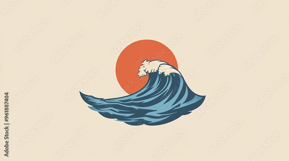 Poster vector-style sea icon with a single wave cresting, rendered in a flat design. the icon is placed on 