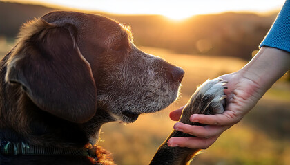  A human hand holding a dog’s paw outdoors, symbolizing trust and friendship between humans _1(60)