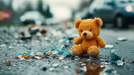 A small teddy bear left behind on road scattered with broken glass, evoking sense of loss and sadness.