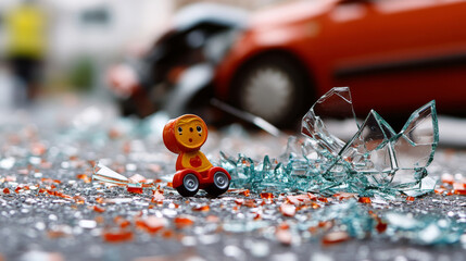 A small childs toy left behind at scene of car accident, surrounded by shattered glass and debris, evokes sense of loss and innocence.