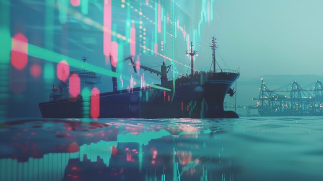 A double exposure of a cargo ship overlayed with stock market graphs, representing the intersection of global trade, commerce, and financial markets.