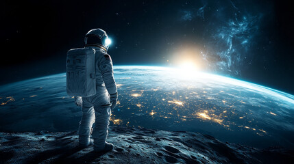 An astronaut stands on moon, gazing at Earth and its illuminated cities as sun rises in background, evoking sense of wonder and exploration.