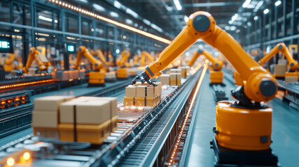 Automated robotic arms efficiently move packages in modern distribution center, showcasing advanced technology and streamlined logistics.