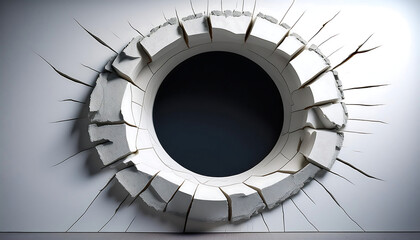 Fototapeta premium A large circular hole in a white wall with cracked edges, symbolizing discovery and disrupt_1(67)