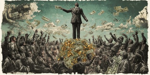 Man throws money at a crowd of people.