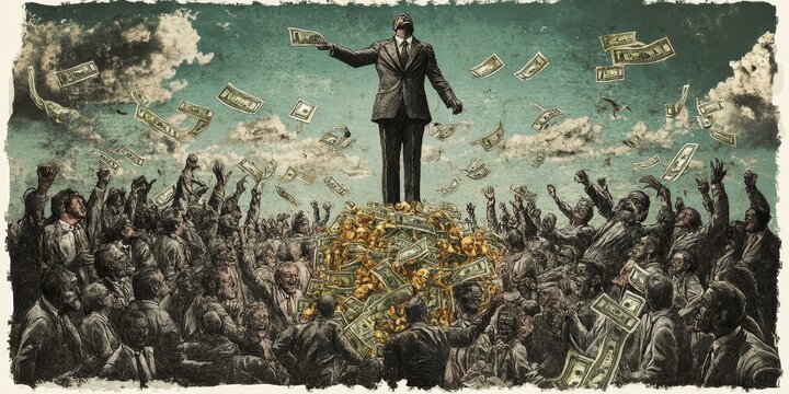 Man throws money at a crowd of people.